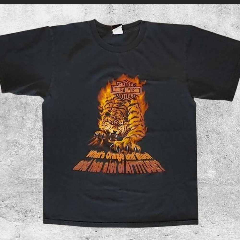 Vintage Harley Davidson Tiger T-Shirt 2000s Y2K Chariton IA Biker Tee Black Larg